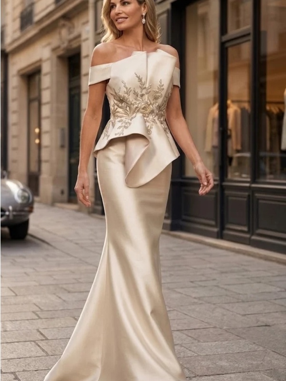 Terani Couture 2021E2835 Cream Off-Shoulder Gown